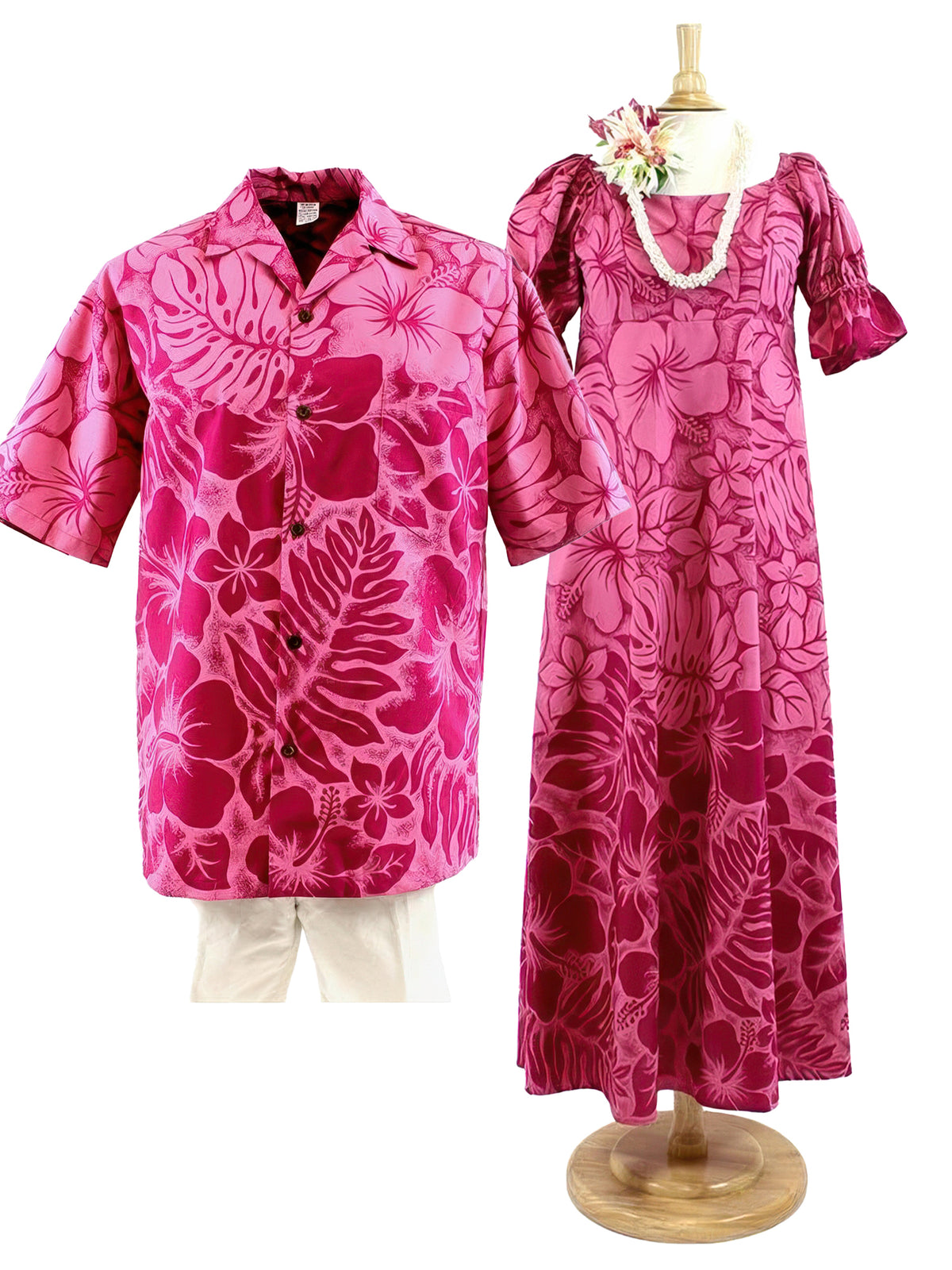 Hawaiian Dress and Shirt Couple Matching Bundle - Gradation Medley Pink