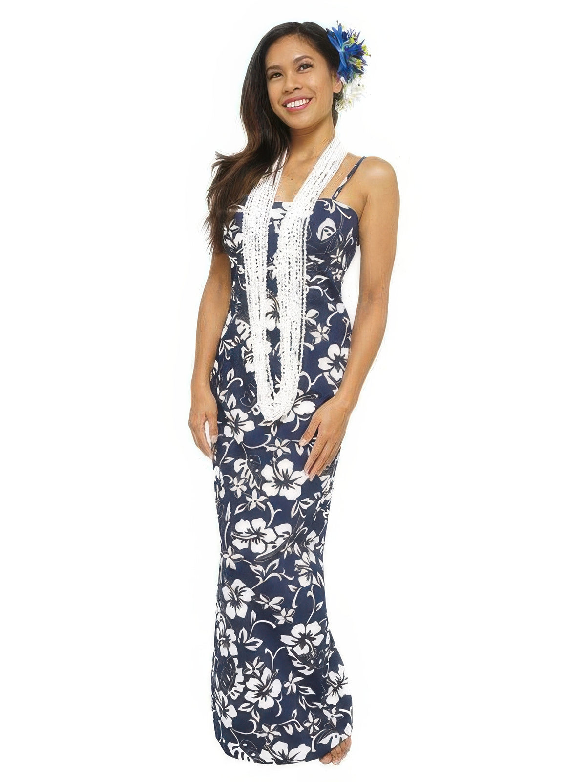 Hilo Hattie - Classic Hibiscus Pareo Navy Cotton Long Adjustable Strap Dress