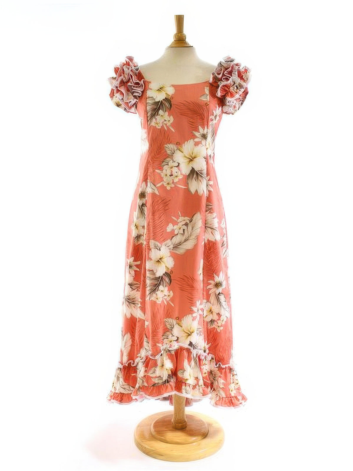 Pacific Legend - Hibiscus Peach Cotton Hawaiian Ruffle Long Muumuu Dress