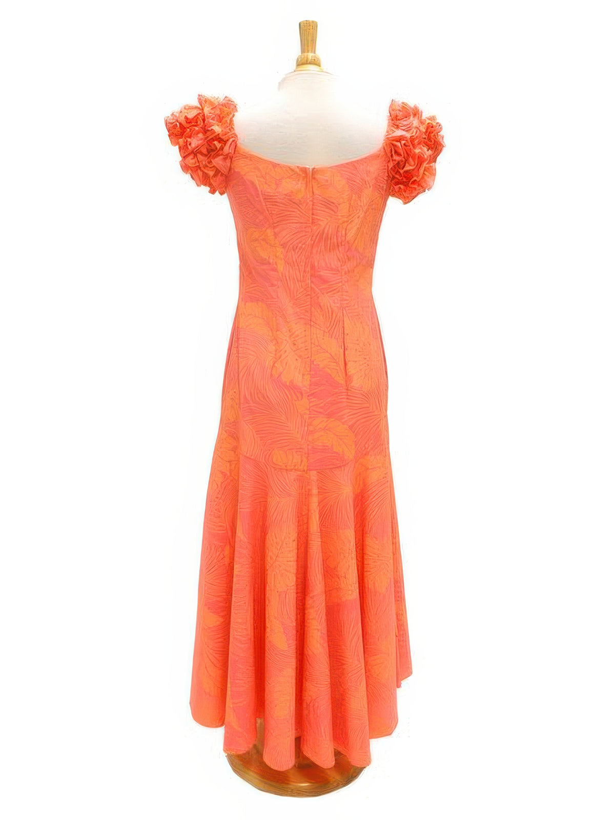 Ka Makani - Hawaiian leaves Coral Poly Cotton Hawaiian Frill Sleeve Long Dress