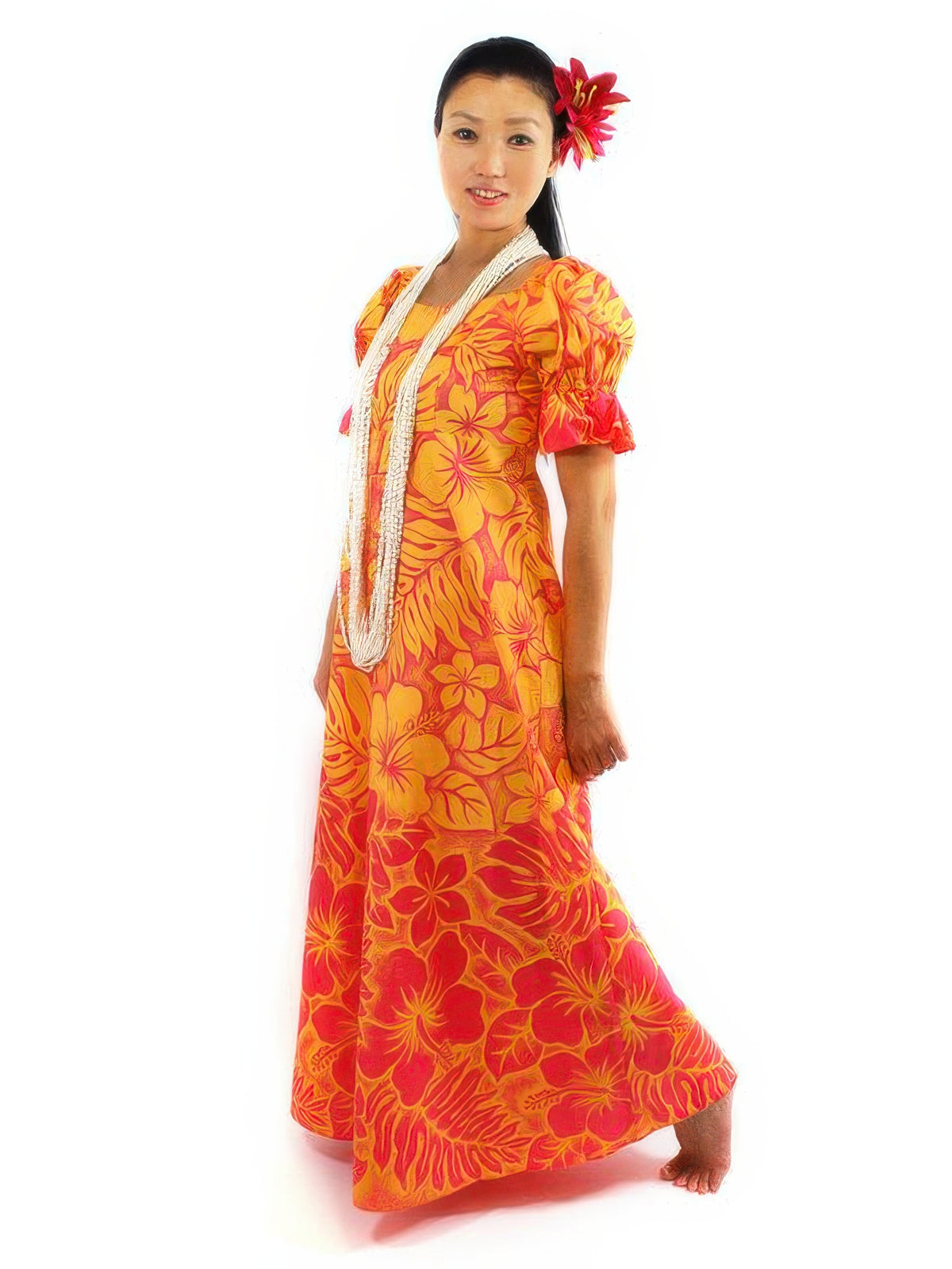 Ka Makani - Gradation Medley Orange Poly Cotton Hawaiian Long Muumuu Dress