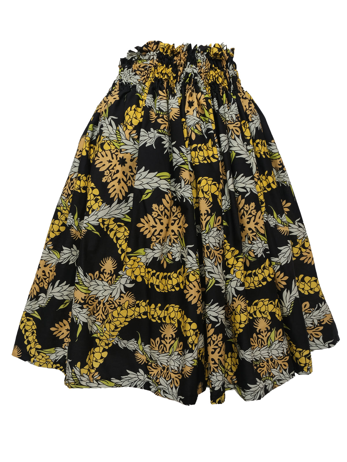 Ka Makani - Puakenikeni & Tuberose Lei Black Poly Cotton Hula Pau Skirt / 3 Bands