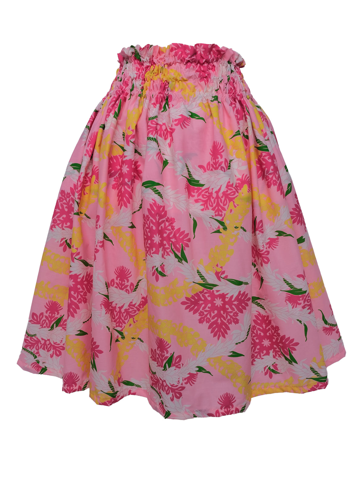 Ka Makani - Puakenikeni & Tuberose Lei Pink Poly Cotton Hula Pau Skirt / 3 Bands