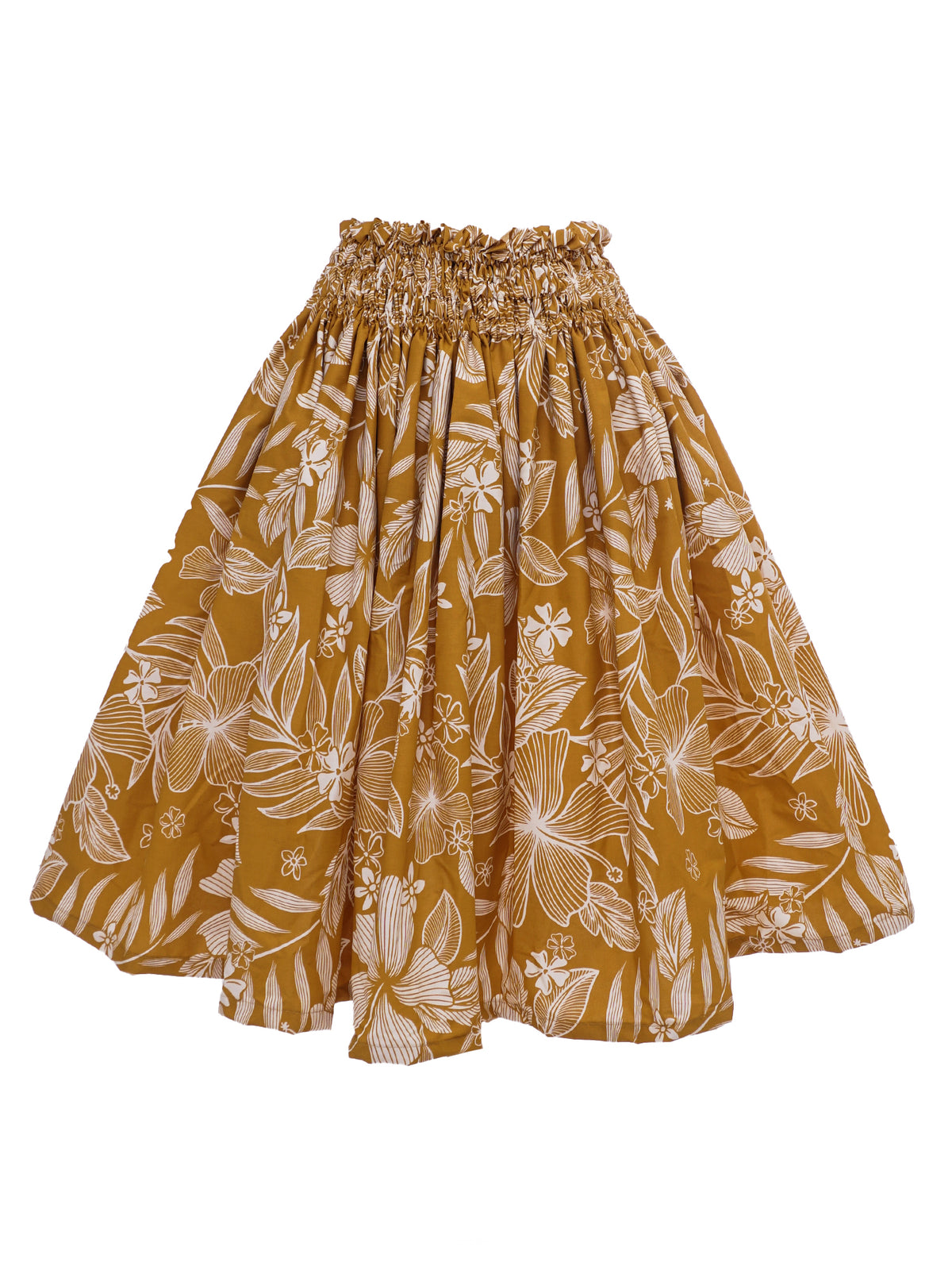 Ka Makani - Hibiscus & Tiare Gold Poly Cotton Single Pau Skirt / 3 Bands