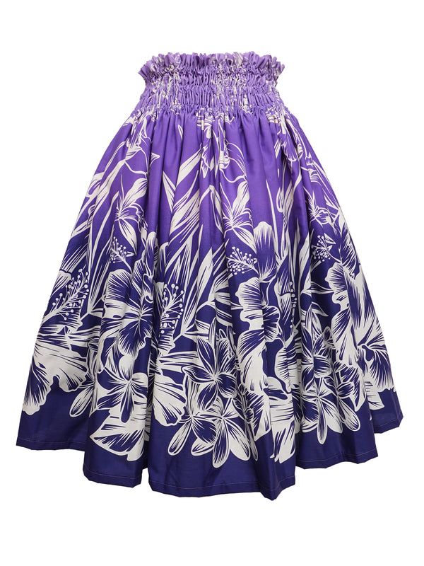 Ka Makani - Hibiscus & Orchid Purple & Ivory Poly Cotton Hula Pau Skirt / 3 Bands