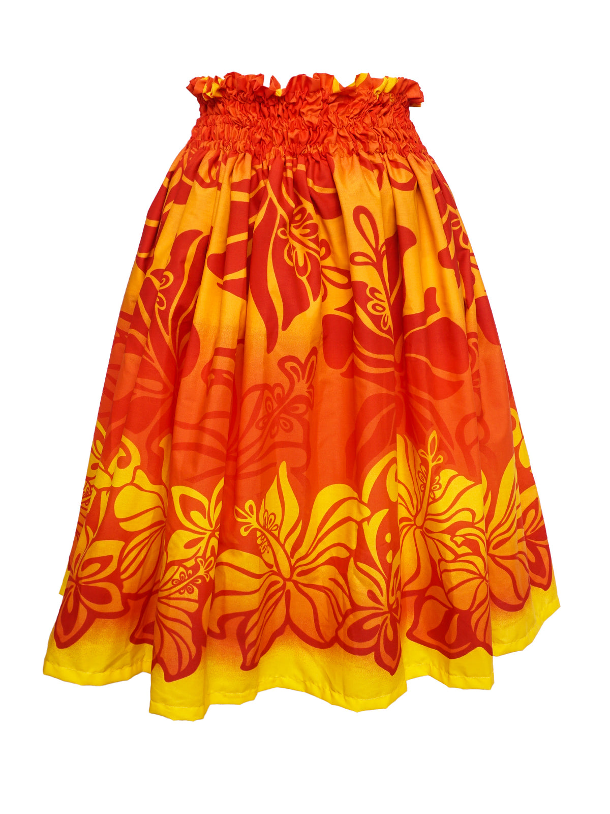 Ka Makani - Hibiscus Gradation Orange & Red Poly Cotton Hula Pau Skirt / 3 Bands