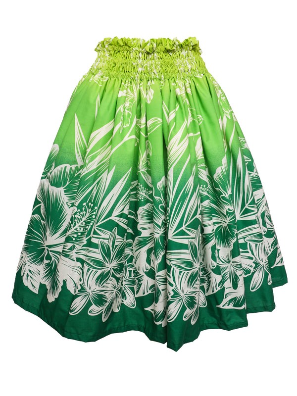 Ka Makani - Hibiscus & Orchid Green Poly Cotton Hula Pau Skirt / 3 Bands