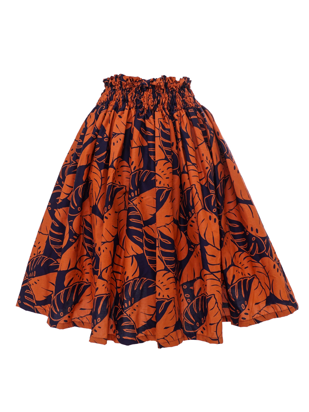 Ka Makani - Monstera Lover Navy & Brown Poly Cotton Single Pau Skirt / 3 Bands