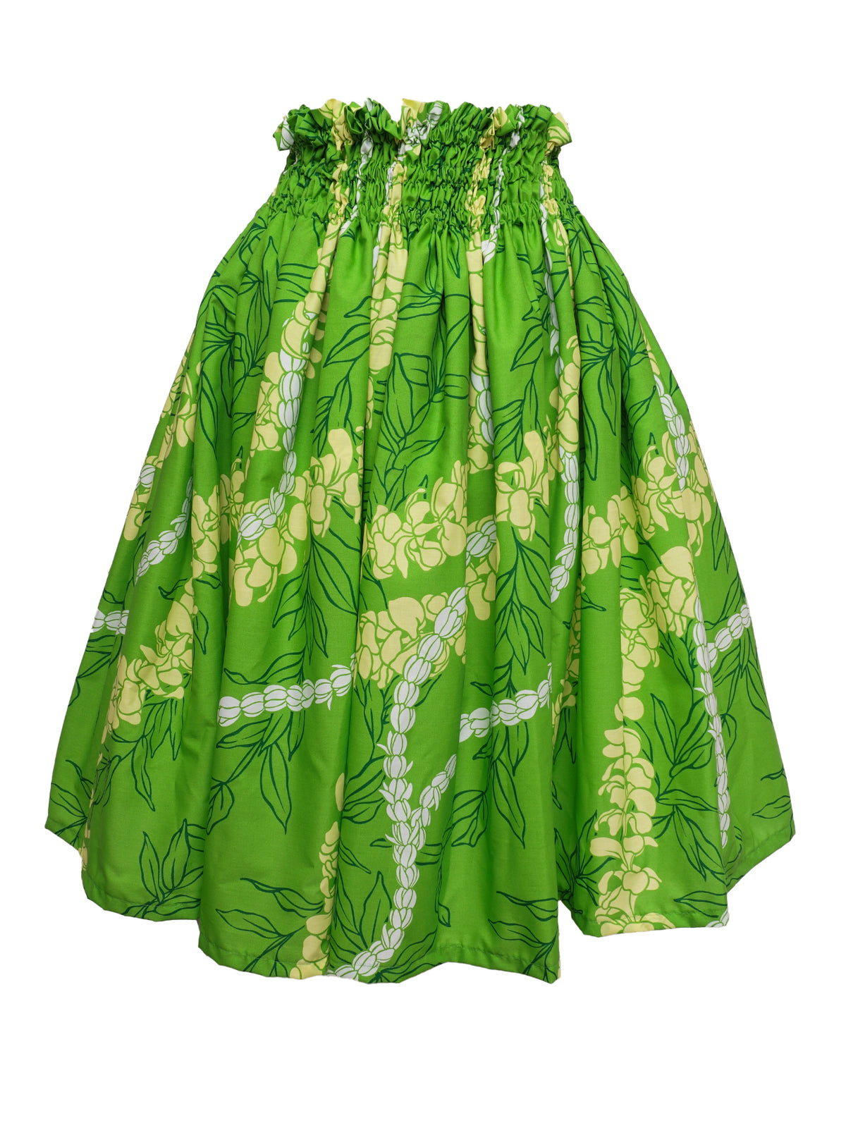 Ka Makani - Plumeria & Pikake Lei Green Poly Cotton Hula Pau Skirt / 3 Bands