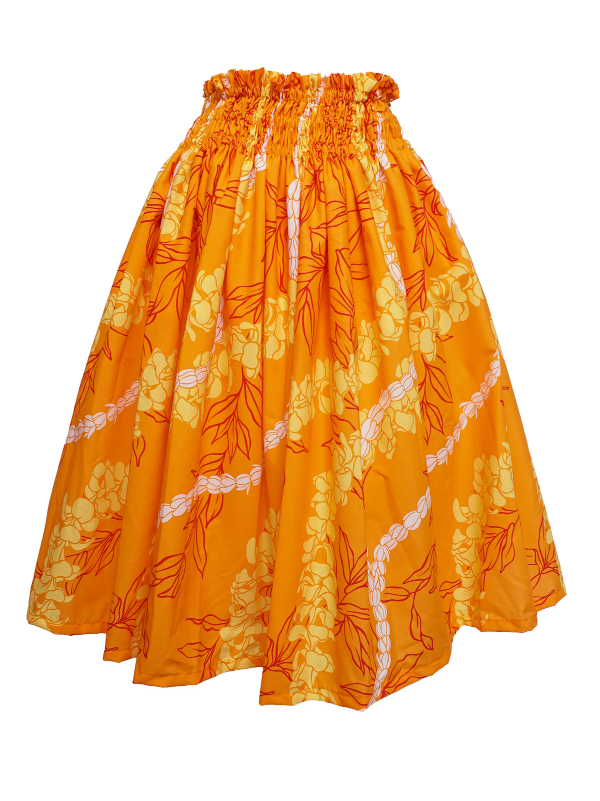 Ka Makani - Plumeria & Pikake Lei Orange Poly Cotton Hula Pau Skirt / 3 Bands