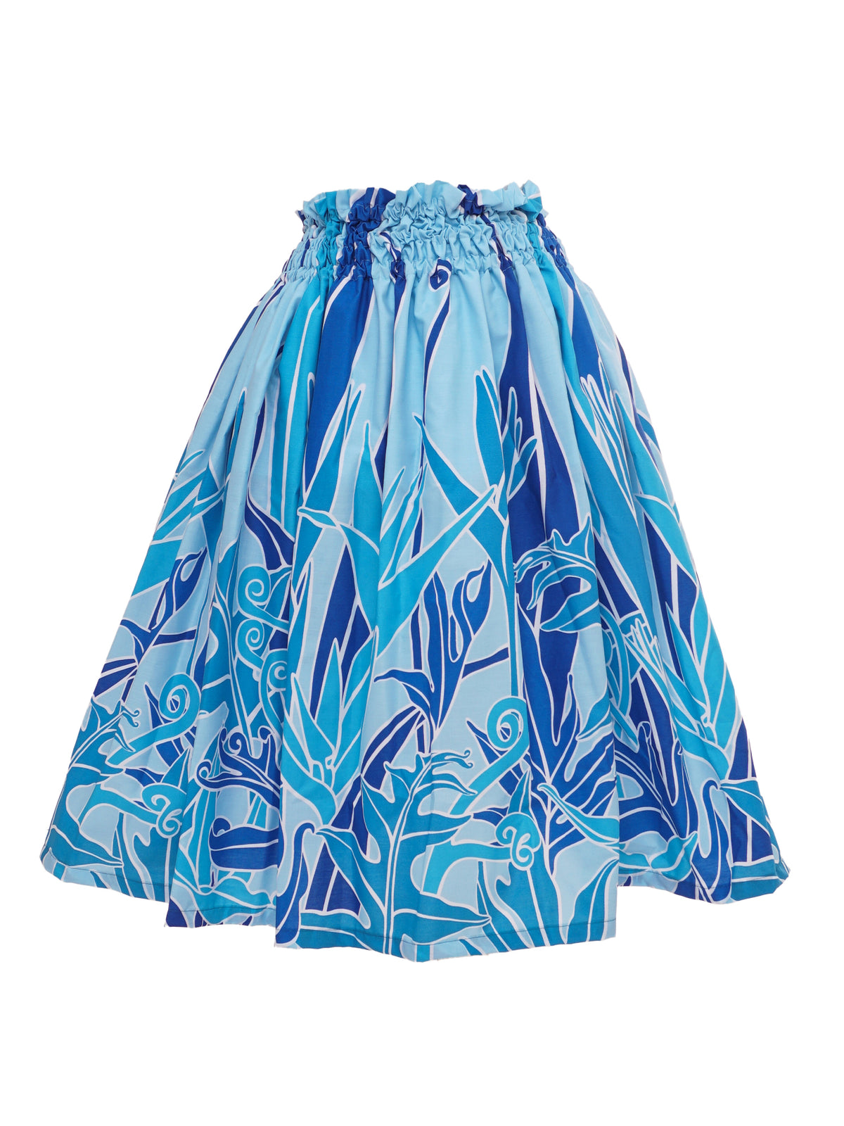 Ka Makani - Bird of Paradise & Palm Leaves Blue Poly Cotton Single Pau Skirt / 3 Bands