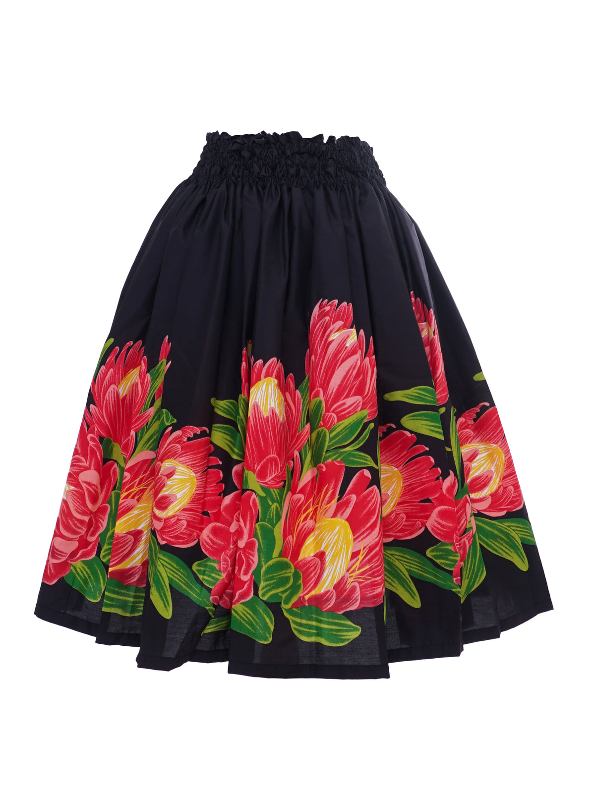 Ka Makani - Protea Border Black Poly Cotton Single Pau Skirt / 3 Bands