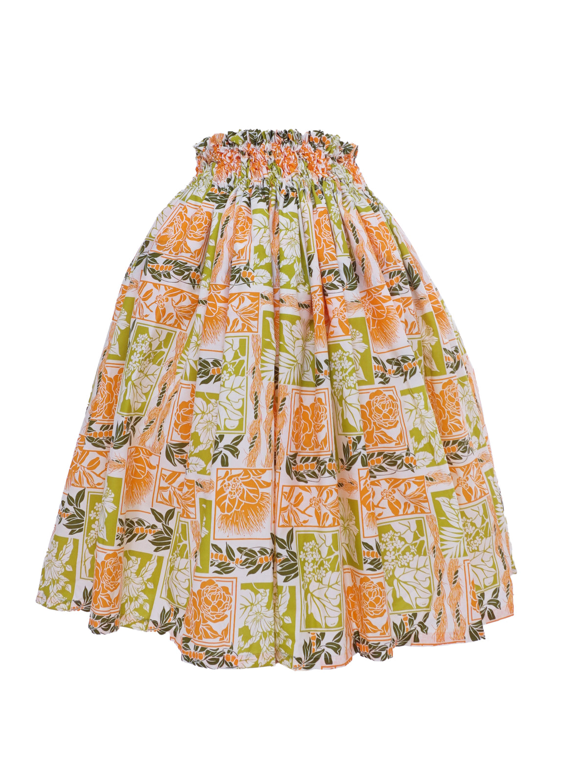 Ka Makani - Gardenia, Hibiscus & Ohia Lehua Orange & Natural Poly Cotton Single Pau Skirt / 3 Bands