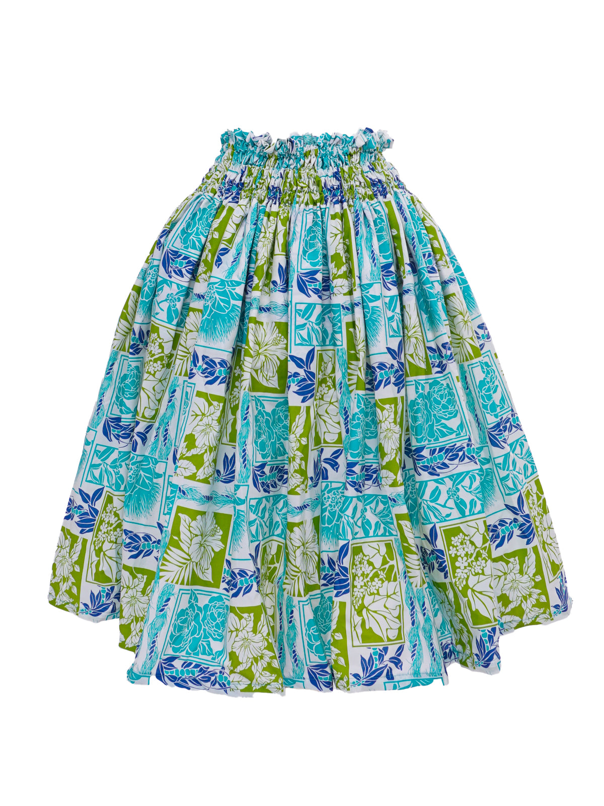 Ka Makani - Gardenia, Hibiscus & Ohia Lehua Blue & Natural Poly Cotton Single Pau Skirt / 3 Bands