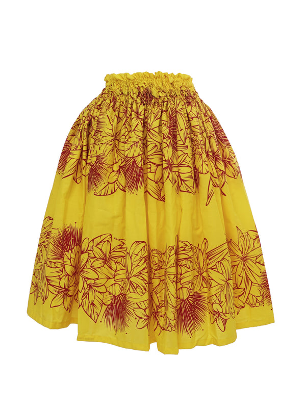 Ka Makani - Ohia Lehua & Plumeria Yellow Poly Cotton Single Pau Skirt / 3 Bands