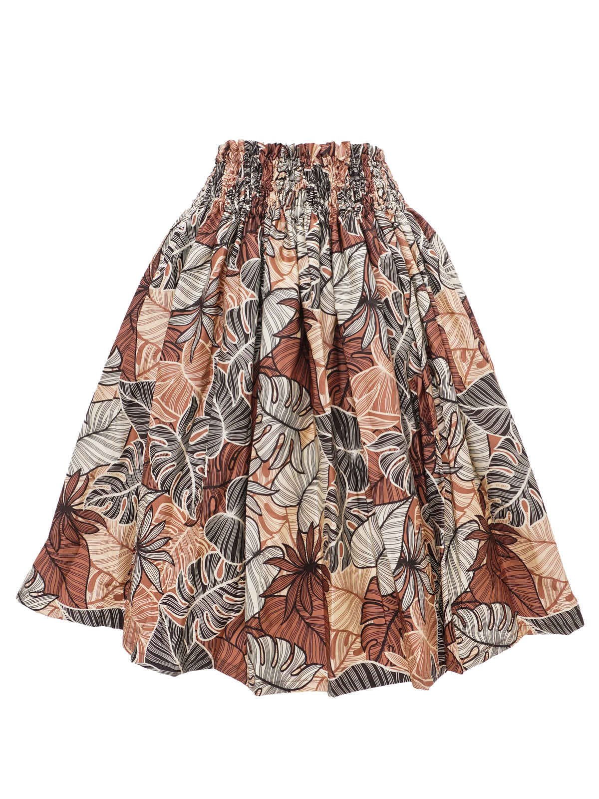 Ka Makani - Tropical Leaves Brown Cotton Single Pau Skirt / 3 Bands