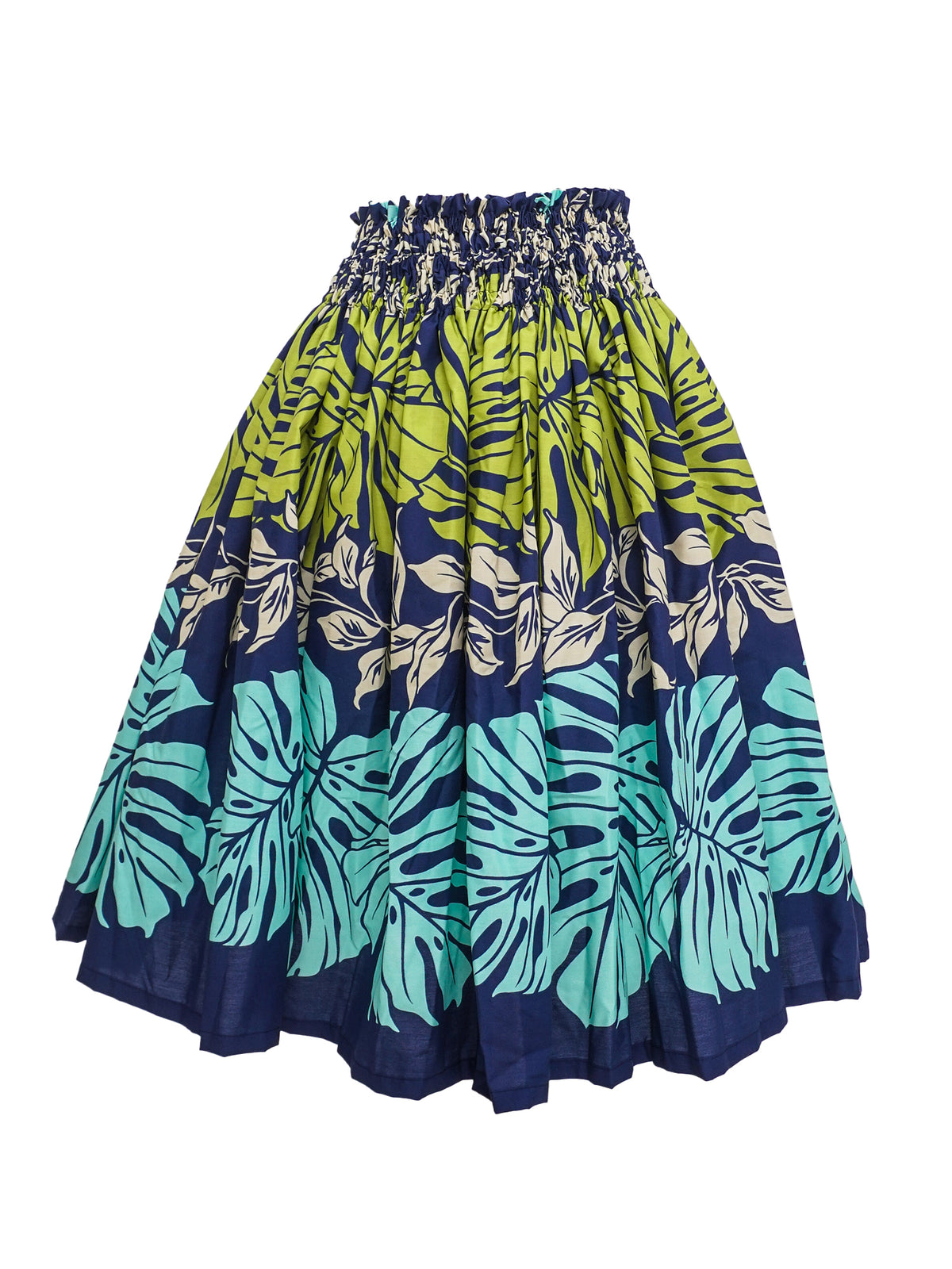 Ka Makani - Big Monstera Leaf Navy Poly Cotton Single Pau Skirt / 3 Bands