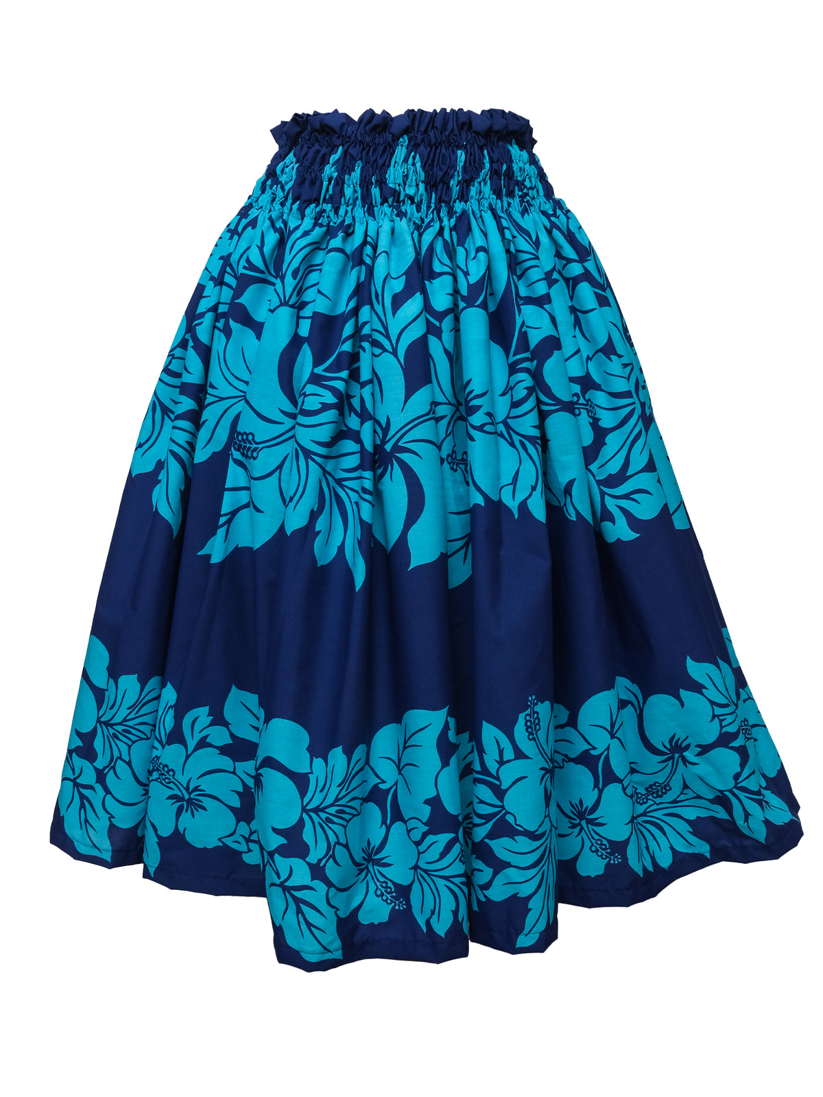 Ka Makani - Hibiscus Aqua & Royal Poly Cotton Hula Pau Skirt / 3 Bands