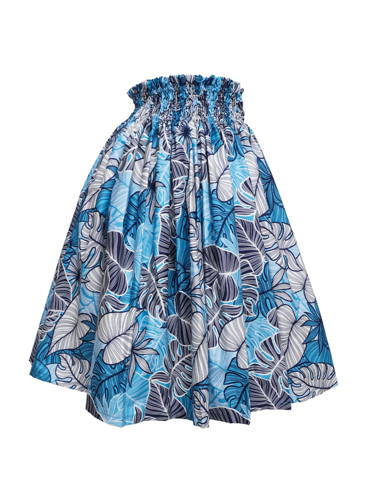Ka Makani - Tropical Leaves Blue Cotton Hula Pau Skirt / 3 Bands