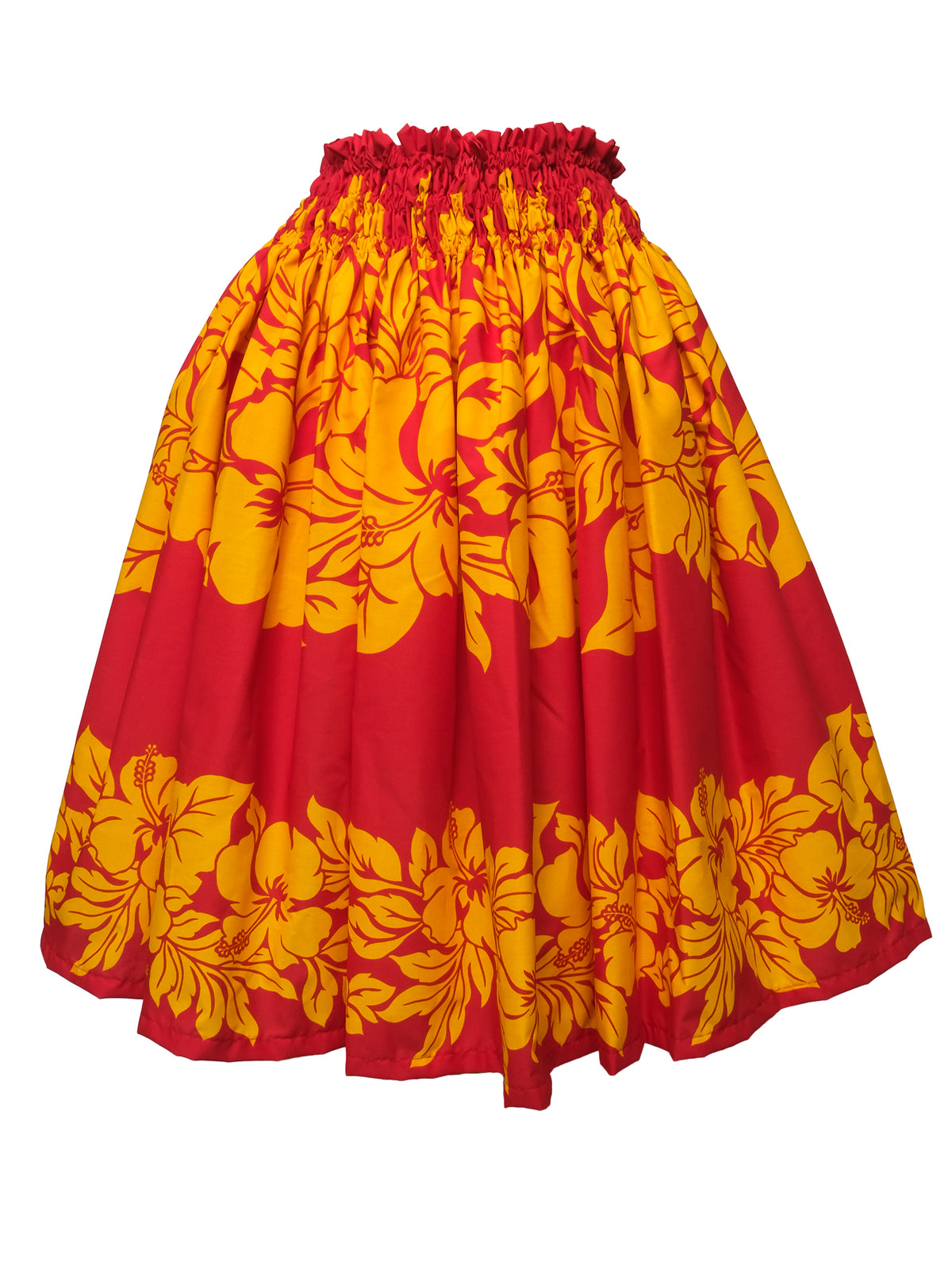 Ka Makani - Hibiscus Yellow & Red Poly Cotton Hula Pau Skirt / 3 Bands