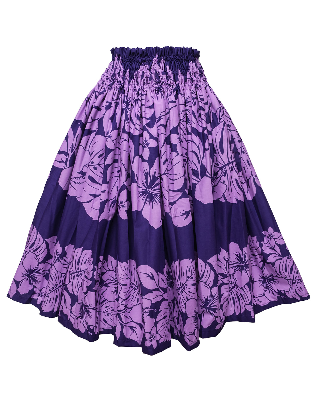 Ka Makani - Hibiscus & Monstera Leaf Deep Purple Poly Cotton Hula Pau Skirt / 3 Bands