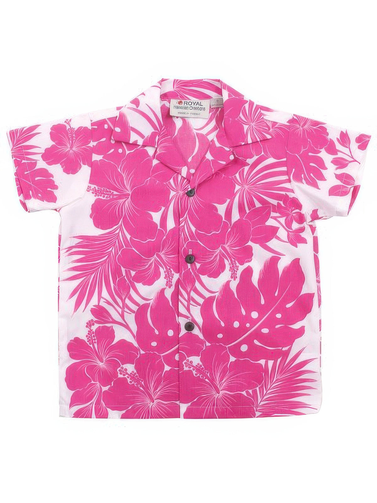 Royal Hawaiian Creations - Hibiscus Panel Pink Poly Cotton Boys Hawaiian Shirt