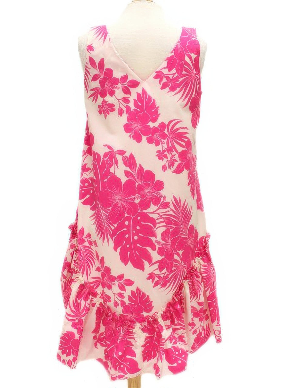 Royal Hawaiian Creations - Hibiscus Panel Pink PolyCotton Hawaiian Sleeveless Flare Midi Dress
