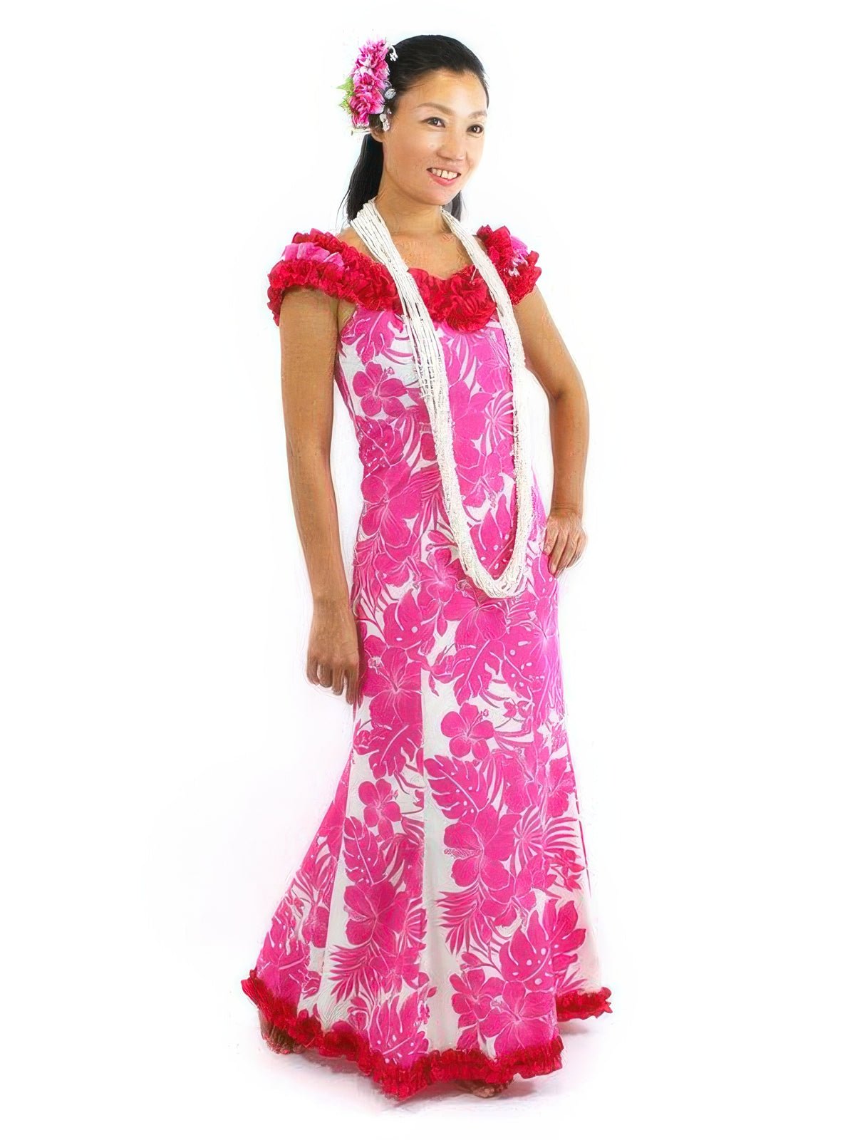 Royal Hawaiian Creations - Hibiscus Panel Pink Poly Cotton Hawaiian Nahenahe Ruffle Long Muumuu Dress