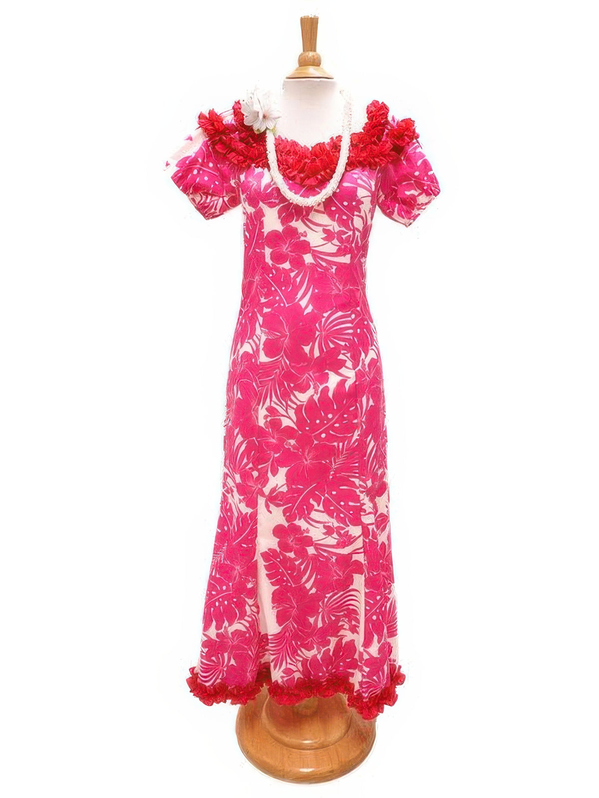 Royal Hawaiian Creations - Hibiscus Panel Pink Poly Cotton Hawaiian Jenny Ruffle Long Muumuu Dress