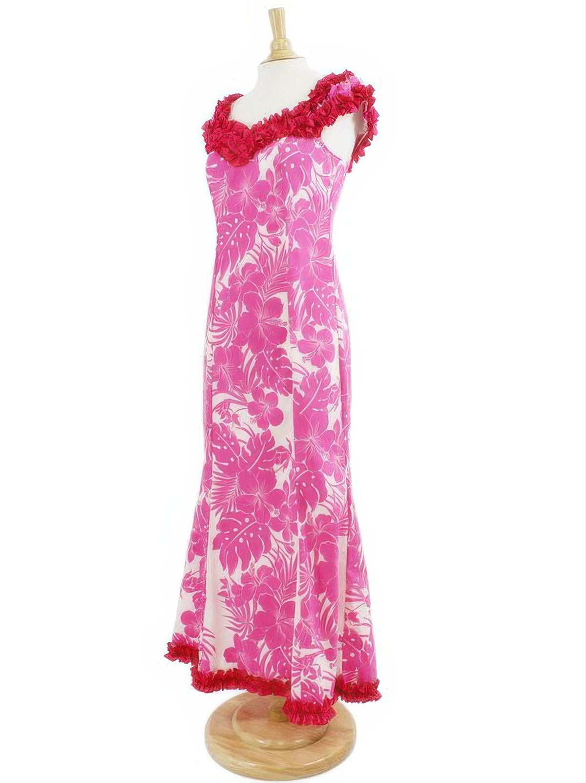 Royal Hawaiian Creations - Hibiscus Panel Pink Poly Cotton Hawaiian Nahenahe Ruffle Long Muumuu Dress 2XL Royal Hawaiian Creations - Hibiscus Panel Pink Poly Cotton Hawaiian Nahenahe Ruffle Long Muumuu Dress 2XL