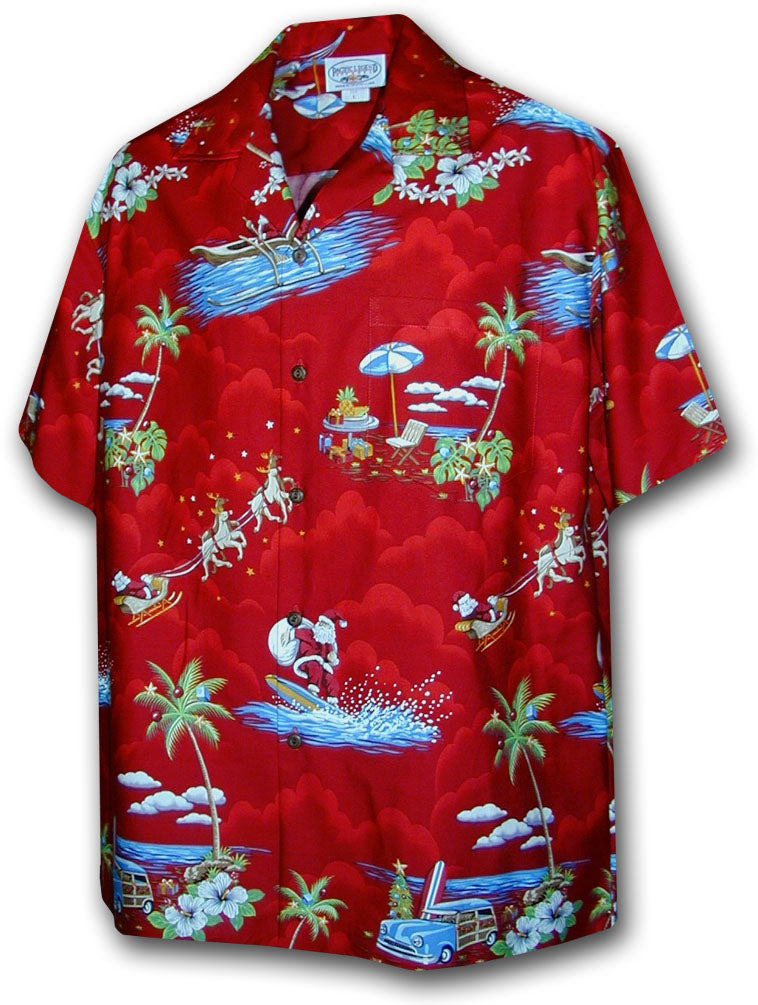 Red Hawaiian shirt with tropical scene design on a white background