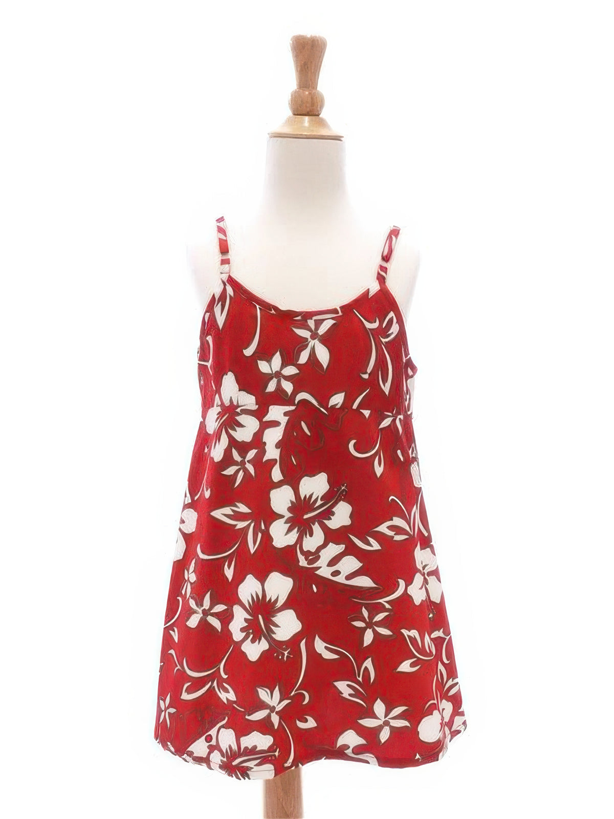 Hilo Hattie Classic Hibiscus Pareo Red Cotton Girls Hawaiian Spaghetti Strap Dress