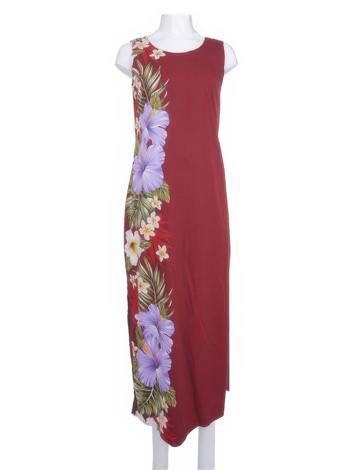 KY's - Purple Aloalo Flower Burgundy Red Cotton Poplin Hawaiian Long Tank Dress
