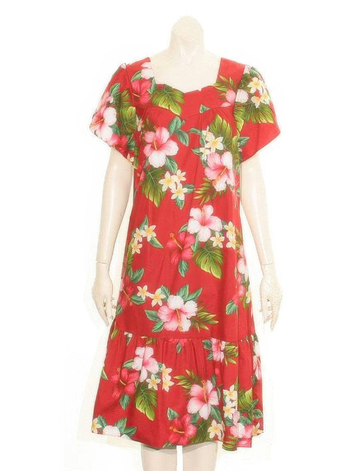 Hilo Hattie - Hibiscus Plumeria Red Cotton Tulip Sleeve Zipper Back Short Muumuu Dress