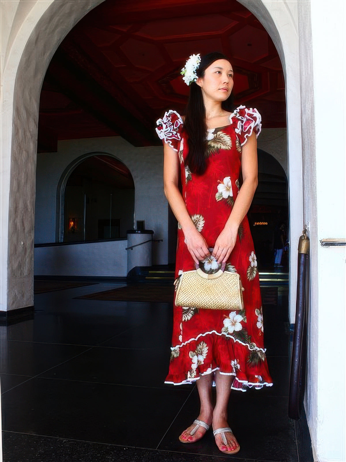 Tropical Forest Mirage Hawaiian Long Muumuu Red Dress Red / L Tropical Forest Mirage Hawaiian Long Muumuu Red Dress Red / L