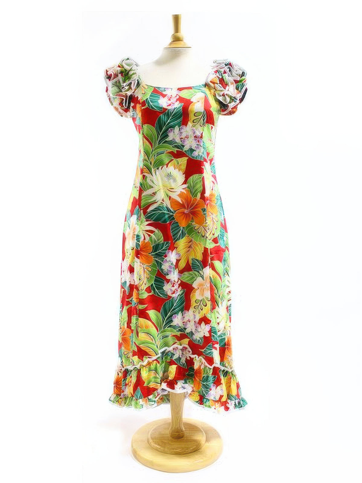 Pacific Legend - Tropical Flowers Red Cotton Hawaiian Ruffle Long Muumuu Dress