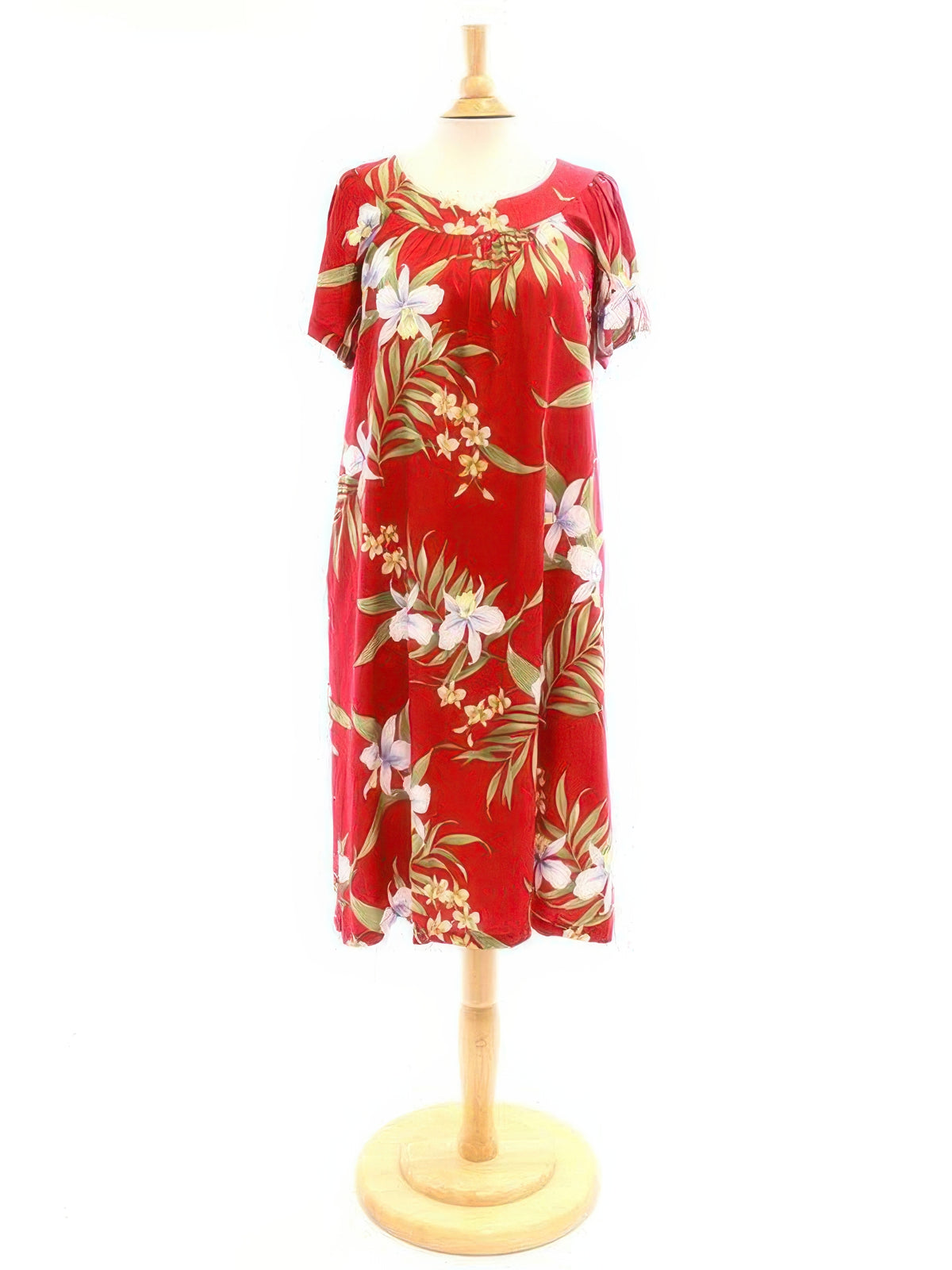 Two Palms - Pali Orchid Red Rayon Hawaiian Midi Muumuu Dress