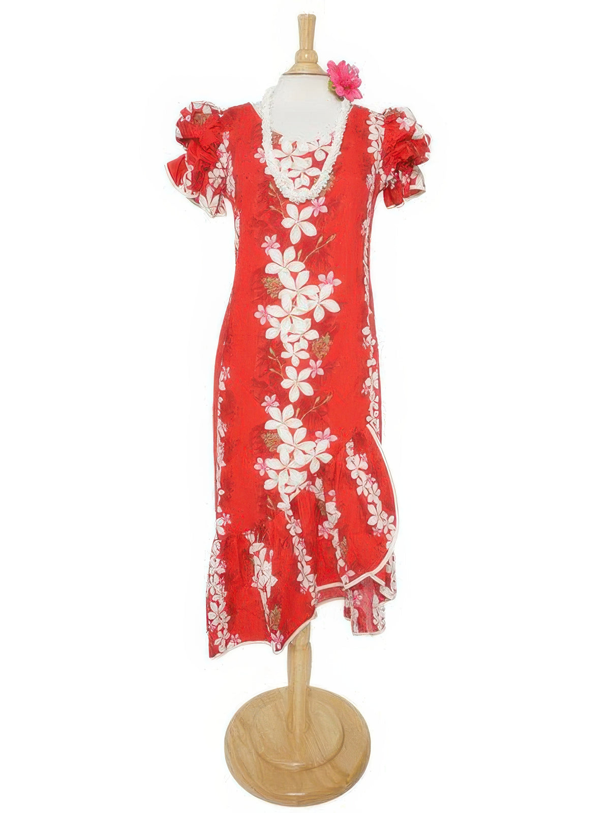 Two Palms - Vintage Plumeria Red Cotton Hawaiian Long Muumuu Dress