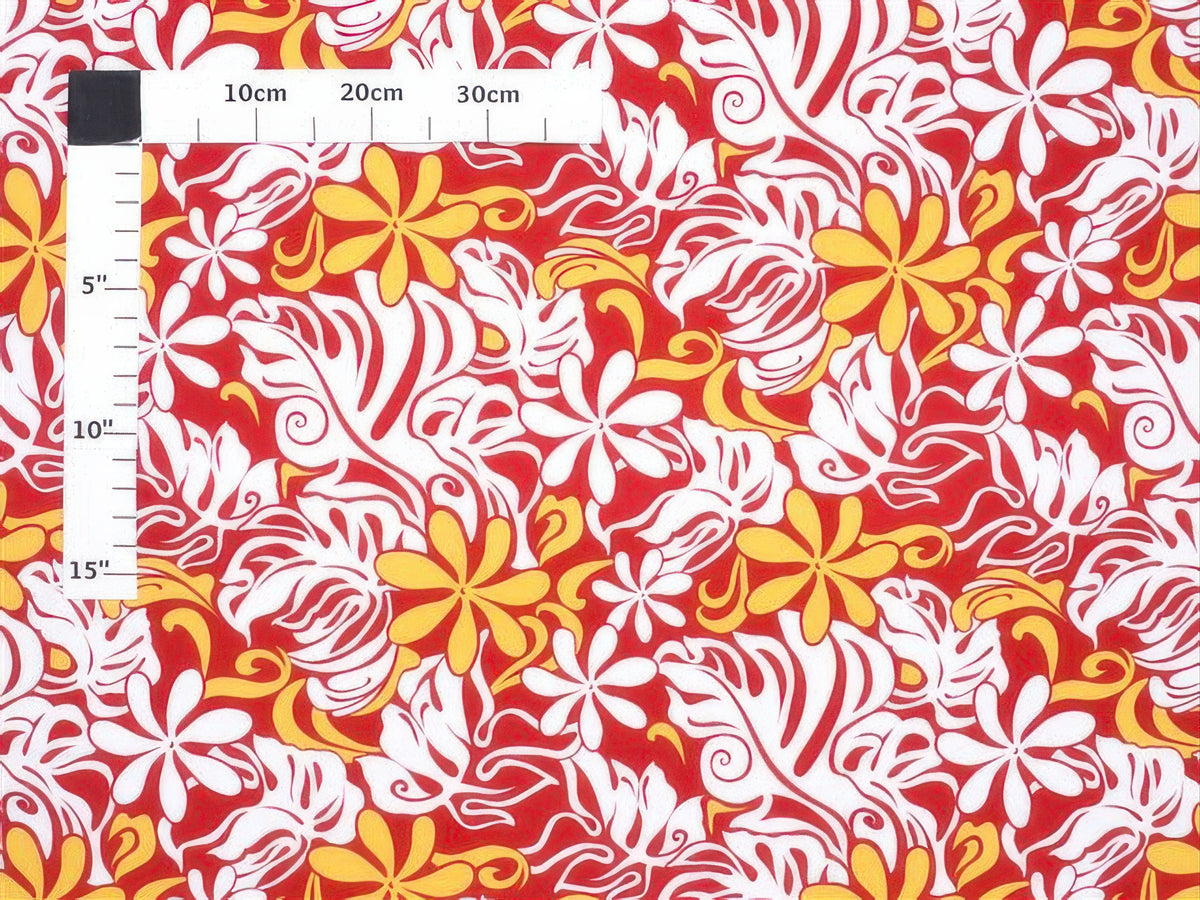 Ka Makani - Tiare & Monstera Red Rayon CHOE-144 Hawaiian Fabric