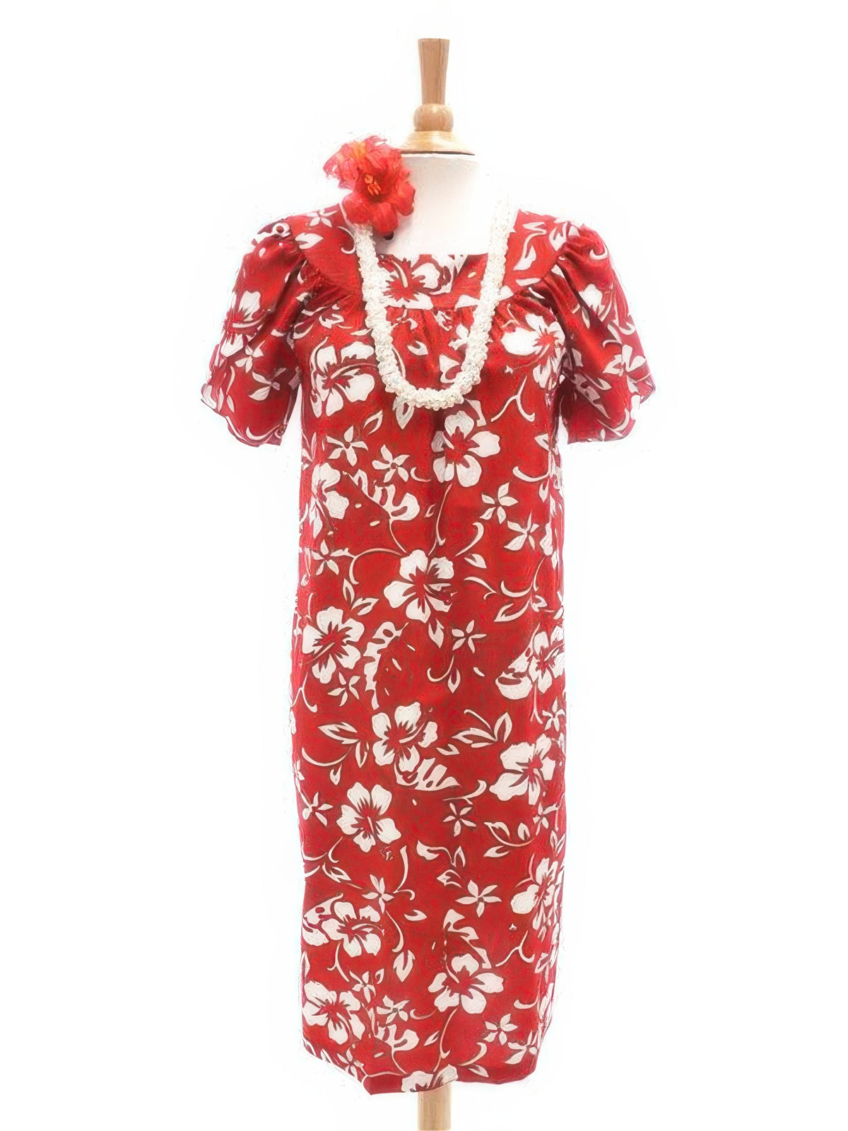 Hilo Hattie - Classic Hibiscus Pareo Red Cotton Hawaiian Tulip Sleeve Short Muumuu Dress