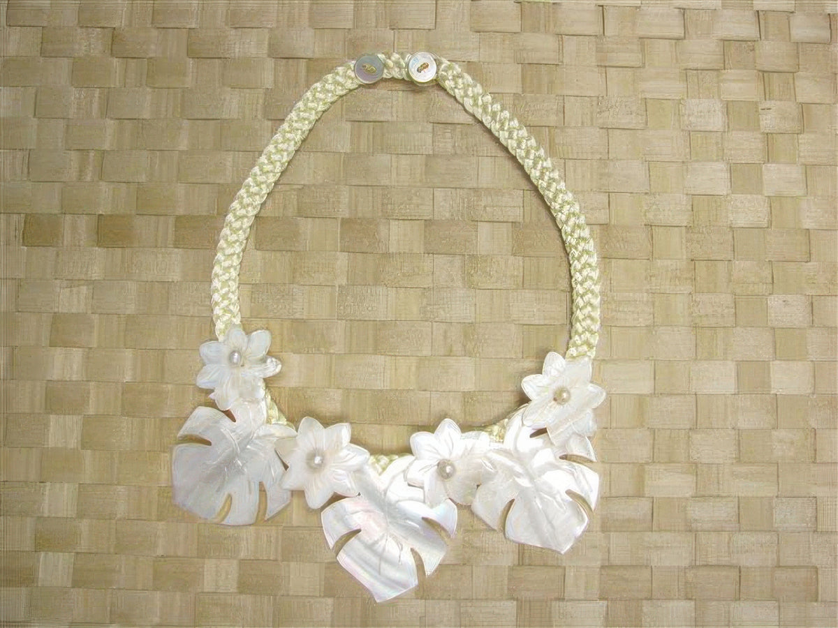 Ka Makani - 3 Monstera 4 Tiare White Tahitian Shell Necklace
