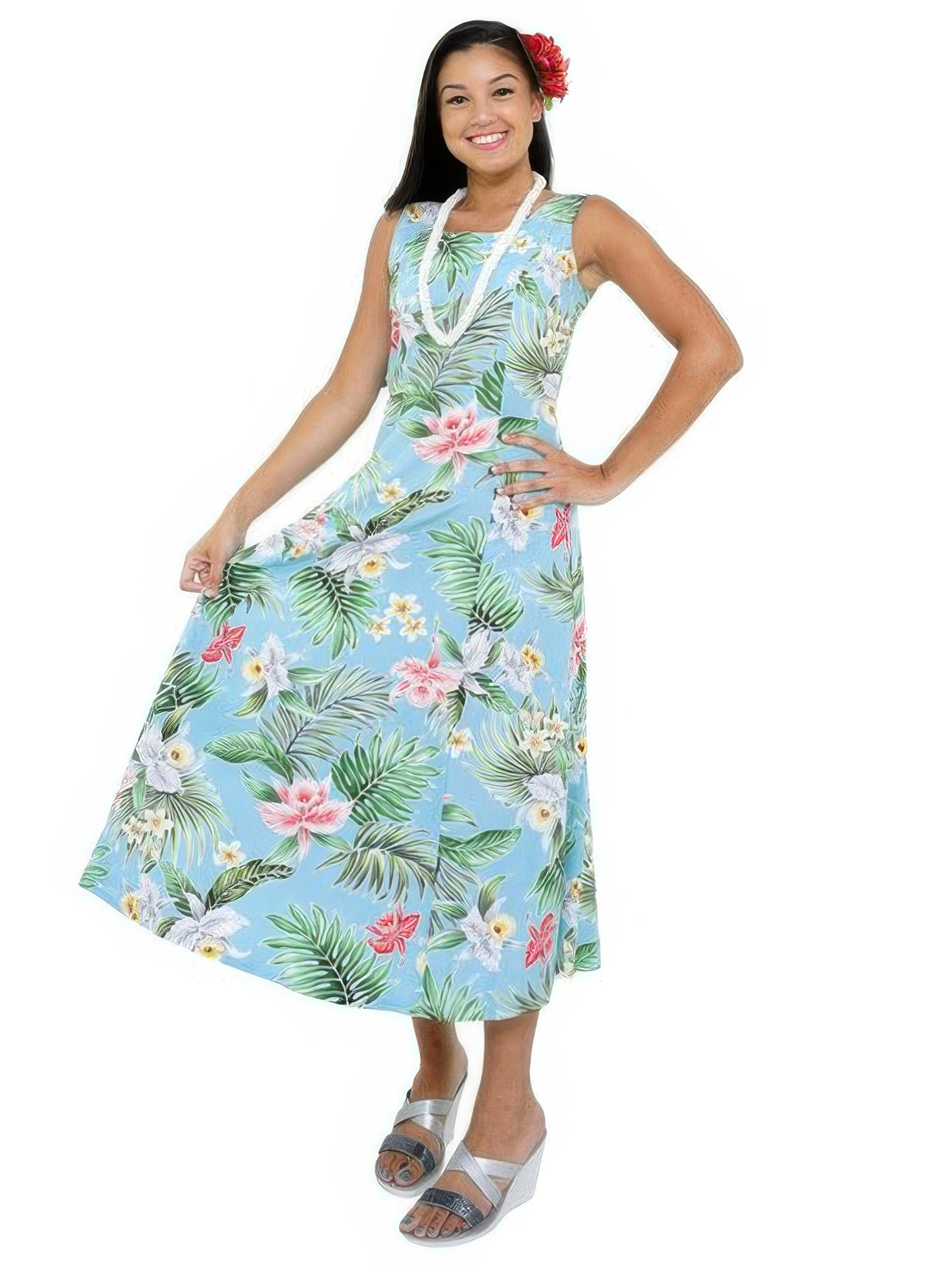 Royal Hawaiian Creations - Orchid Turquoise Rayon Hawaiian Sleeveless Long Dress