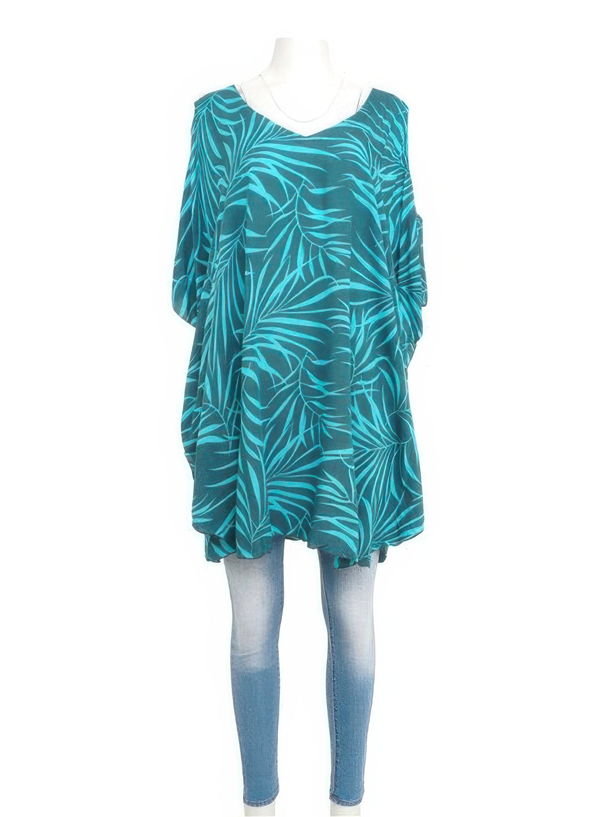 Napua Collection Honolulu - Tropical Leaves Turquoise Rayon Cover Up w/ Shoulder Holes