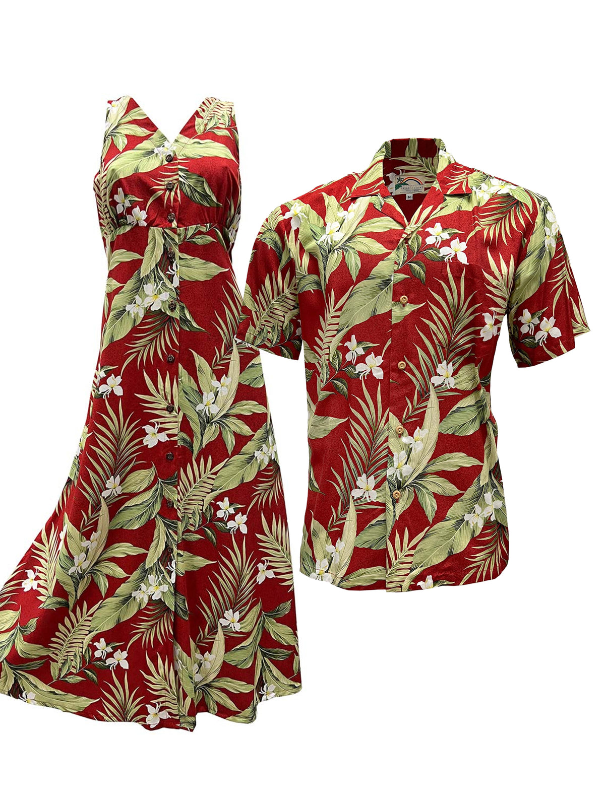 Hawaiian Dress and Aloha Shirt Couple Matching Bundle -  White Ginger Red