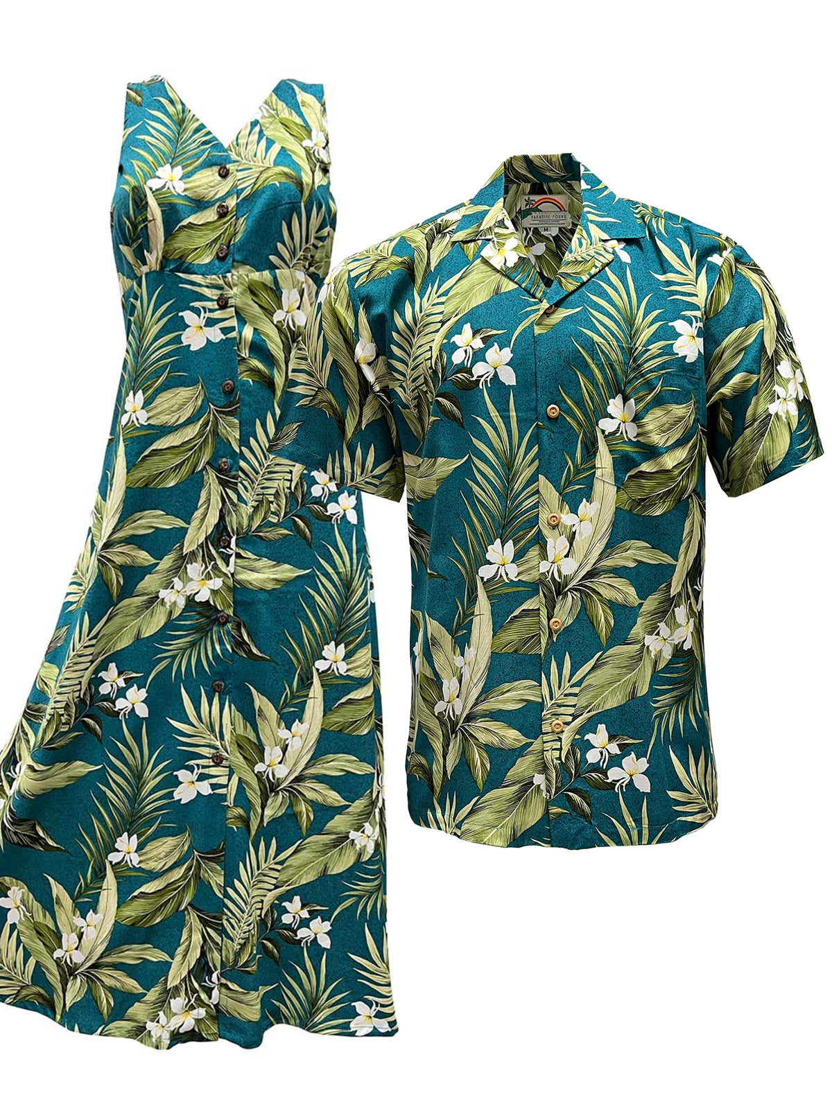 Hawaiian Dress and Hawaiian Shirt Couple Matching Bundle - White Ginger Jade XS / 2XL Hawaiian Dress and Hawaiian Shirt Couple Matching Bundle - White Ginger Jade XS / 2XL