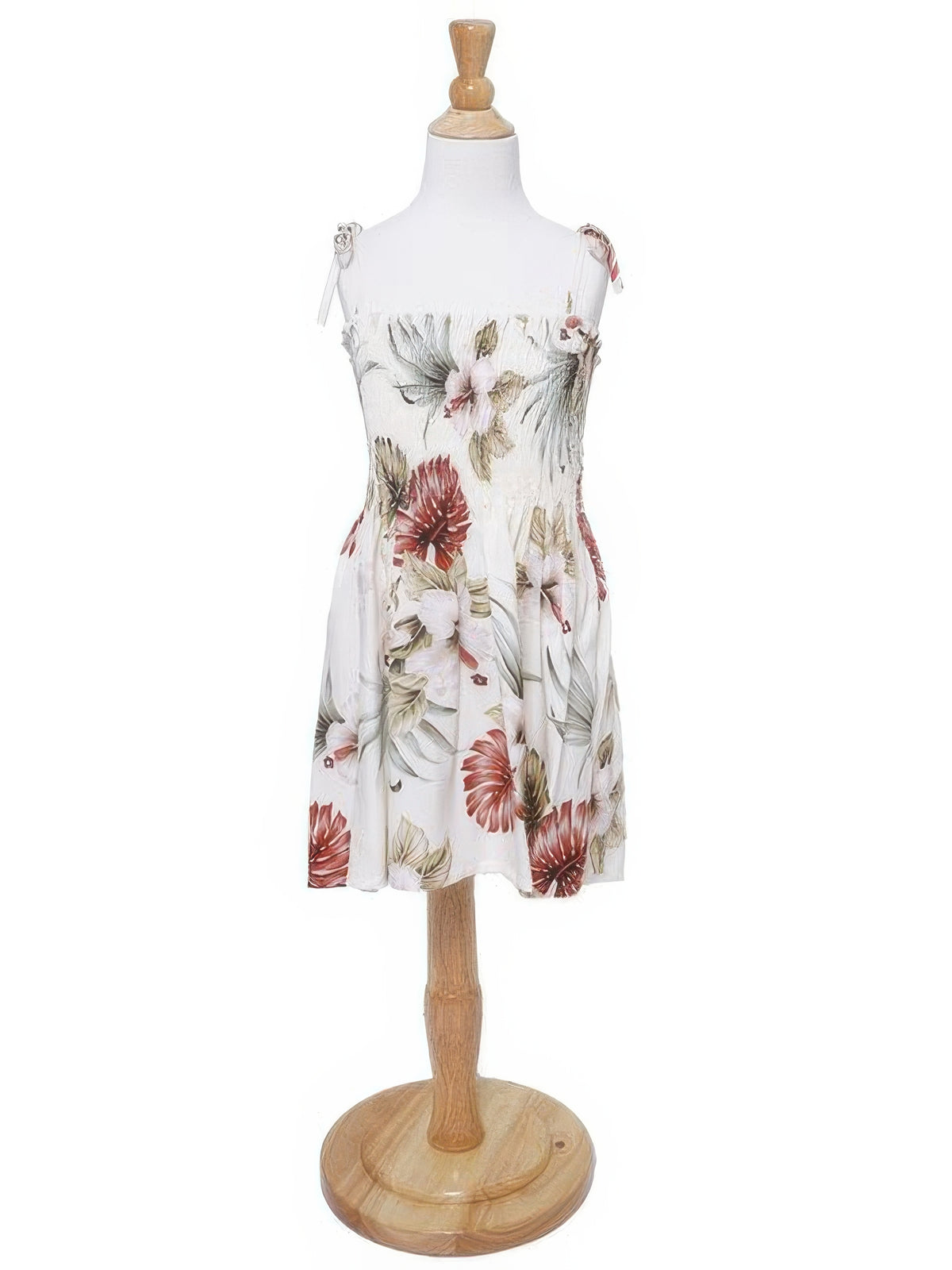 Royal Hawaiian Creations - Hibiscus & Monstera Cream Rayon Girls Hawaiian Elastic Strap Tube Dress