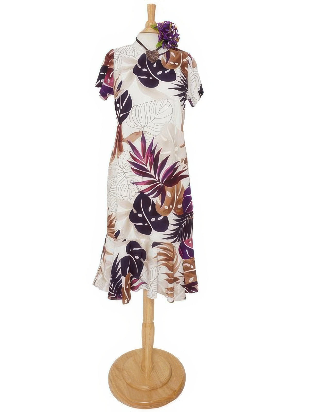 Royal Hawaiian Creations - Ginger&Monstera White Rayon Hawaiian Amber Sleeve Midi Dress