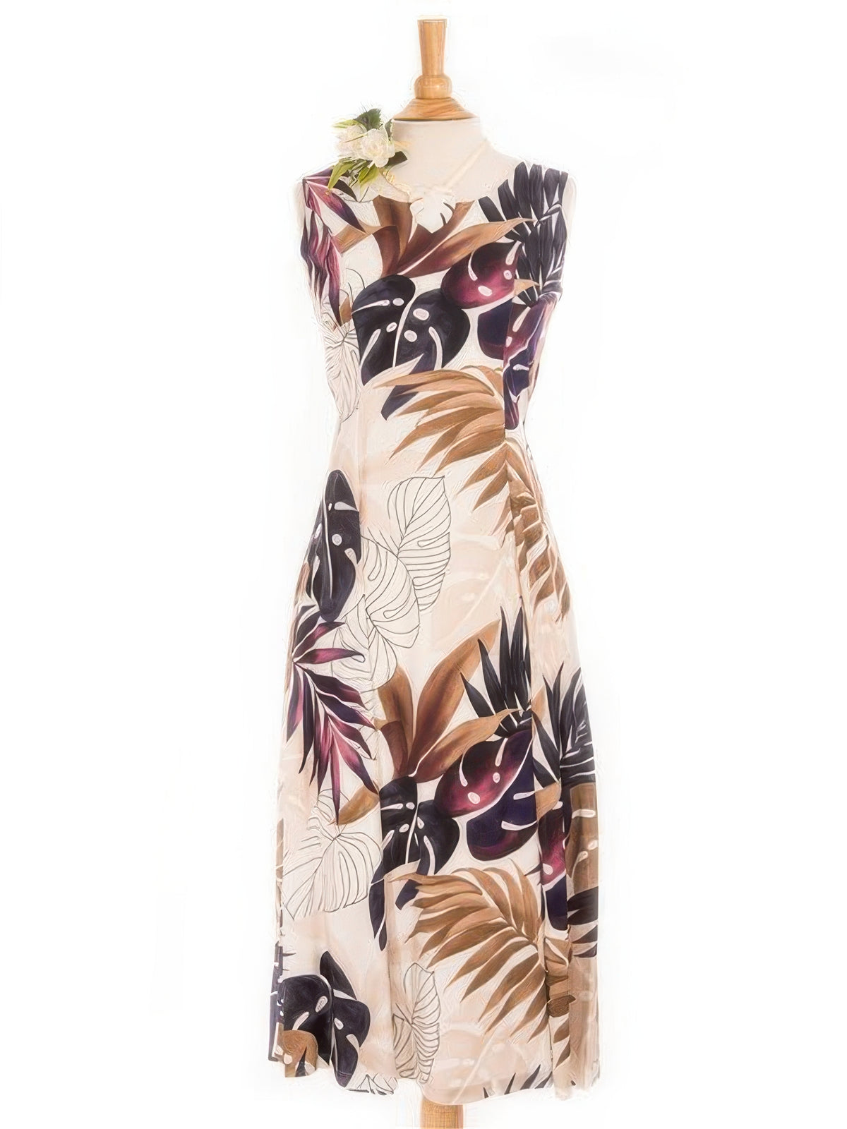 Royal Hawaiian Creations - Ginger & Monstera White Rayon Hawaiian Sleeveless Long Dress