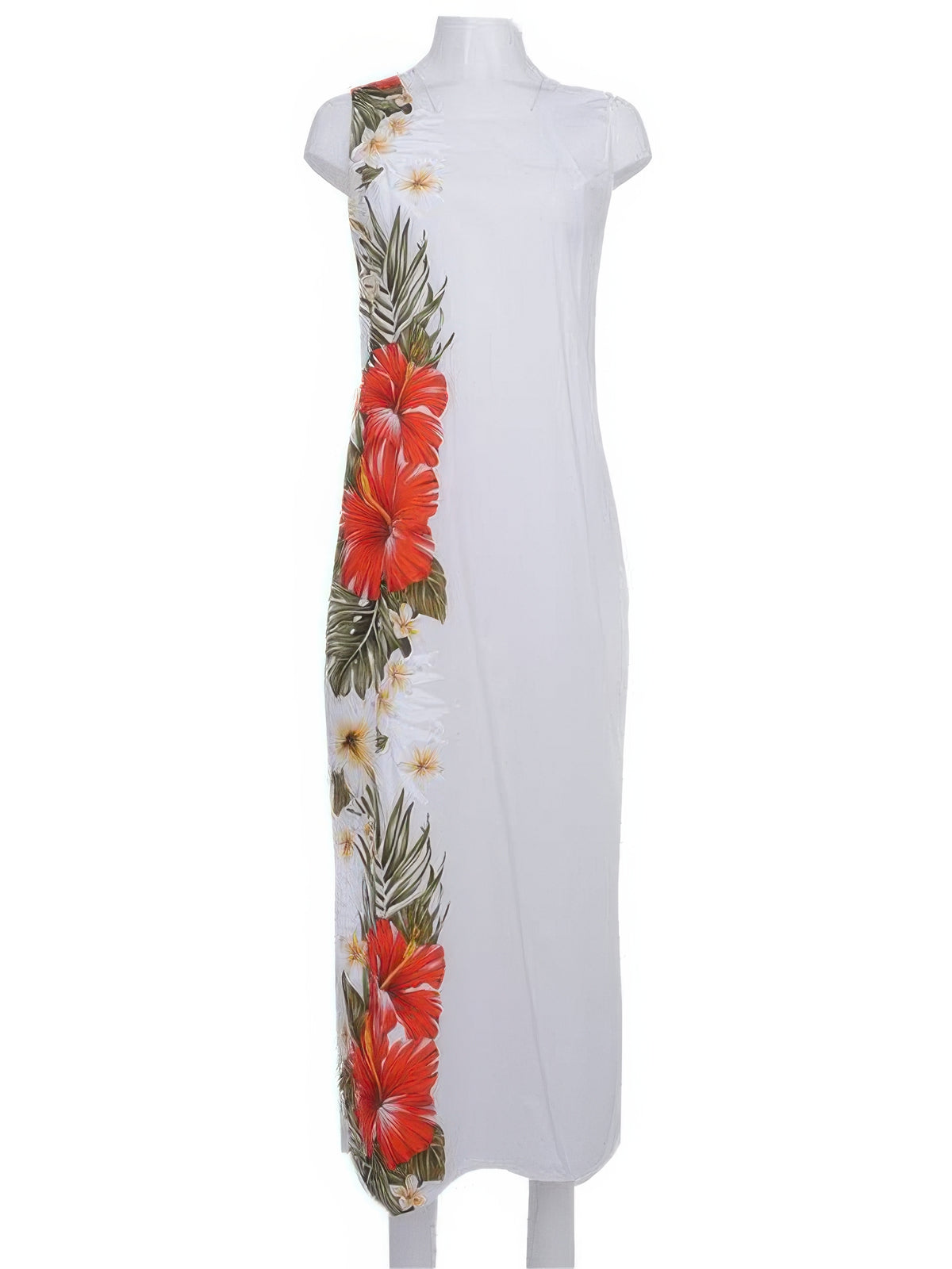 KY's - Red Aloalo Flower White Cotton Poplin Hawaiian Long Tank Dress
