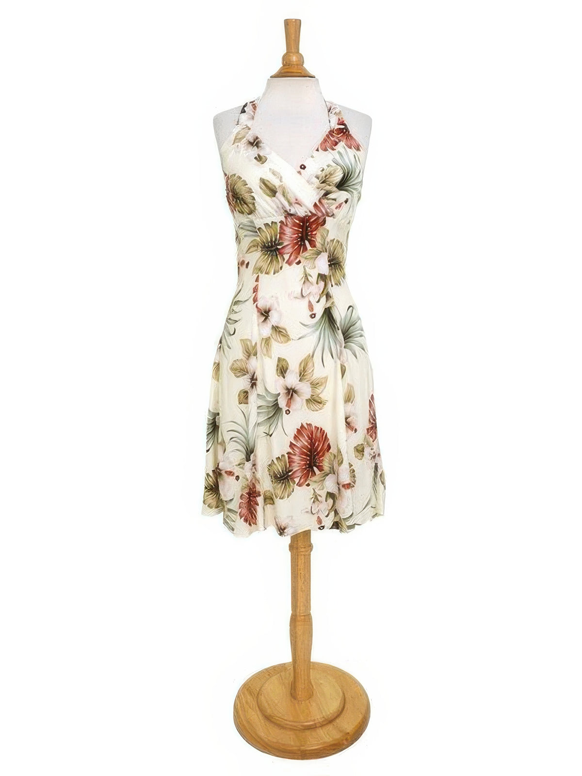 Royal Hawaiian Creations - Hibiscus & Monstera Cream Rayon Hawaiian Halter Neck Midi Dress